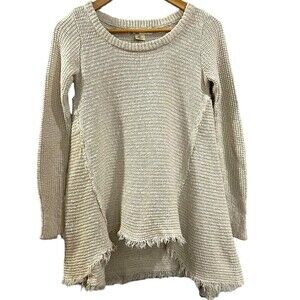 Kaisely Women Pull Over Sweater Cream waffle knit with fringed Raw Hem Size‎ S